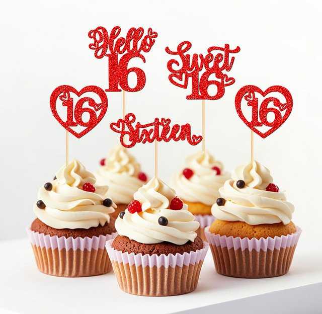 YOMDID 24 Stück Sweet 16 Kuchendekorationen in Pink mit Glitzer Hello 16 Cupcake-Topper und Happy 16th Tortenaufsätze - Bild 1