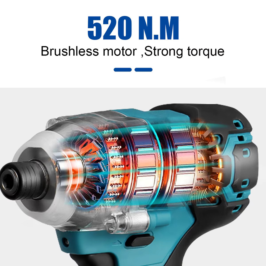 Drillpro Akku-Schlagschrauber mit 520 N.m Drehmoment, bürstenloser elektrischer Schraubendreher mit 1/2 Zoll Antrieb, kompatibel mit Makita LXT Akkus, Blau - Bild 2