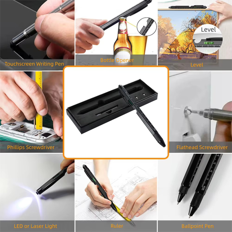 K-SKIN 9-in-1 Multifunktions-Stift-Set aus Metall in Schwarz mit Lineal, Wasserwaage und Kugelschreiber - Bild 3