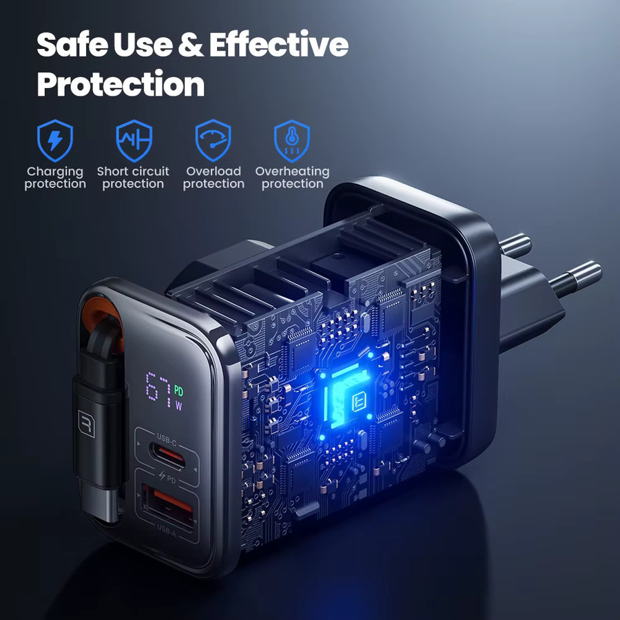 Toocki 67 W GaN USB-C-Ladegerät mit einziehbarem Typ-C-Kabel, Schwarz, Schnellladegerät mit PPS PD3.0 SFC2.0 für iPhone, Samsung und Laptop - Bild 3