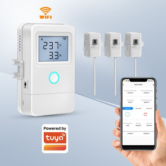 Tuya Smart WiFi Energy Monitor mit LCD-Display, Übertemperaturalarm und 3 CTs für Solarenergiesysteme in Weiß - Bild 1