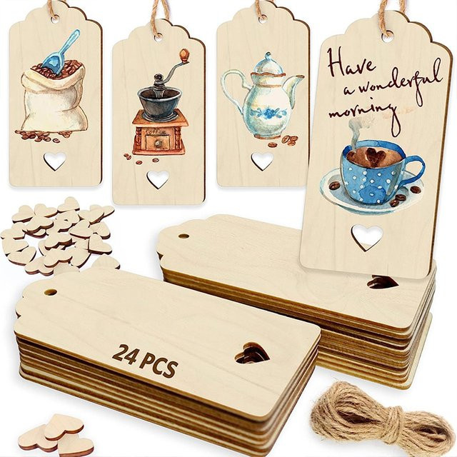 24 Stück Holzanhänger Set aus Naturholz mit Herzform für DIY-Handwerk und Dekoration in Beige und Weiß - Bild 1
