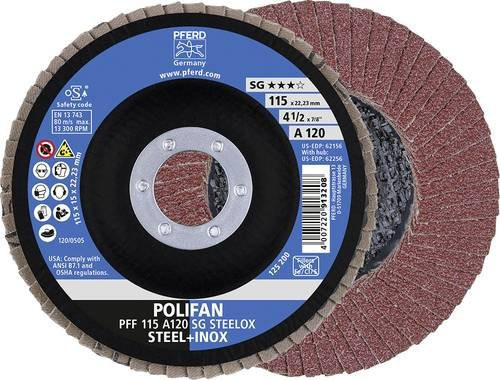 PFERD SG STEELOX Polifan Fächerschleifscheibe für Stahl und Edelstahl, Körnung 120, Durchmesser: 115 mm, Bohrungs-Ø: 22,23 mm, 10 Stück - Bild 1