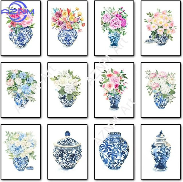 AZNM Wandkunst Leinwandposter Chinoiserie mit blau-weißen Ingwergefäßen, Pfingstrosen und Hortensien in floralem Design - Bild 1