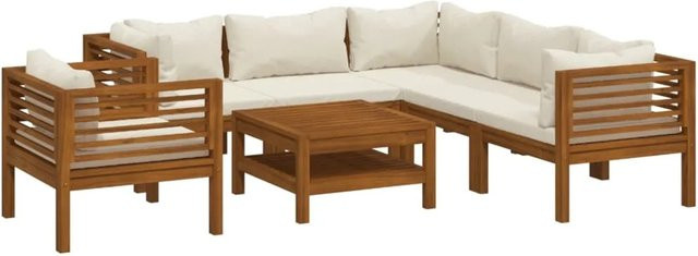vidaXL 7-tlg. Garten-Lounge-Set aus Akazien-Massivholz mit beigen Polsterkissen in L-Form - Bild 1