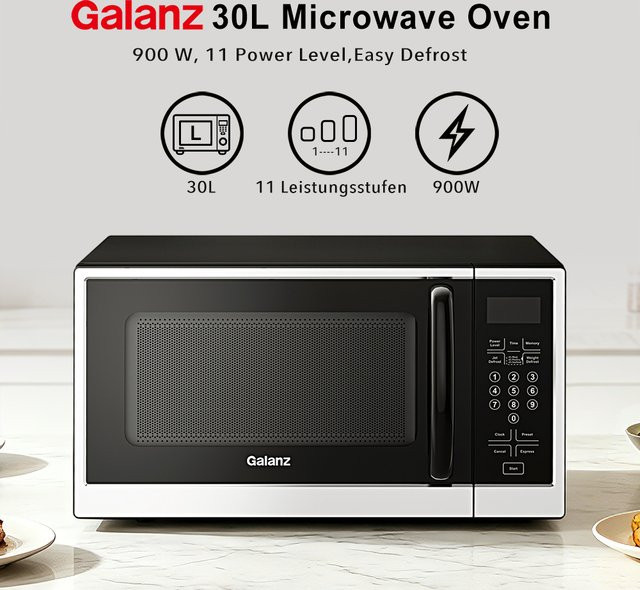 Galanz Mikrowelle mit 30 l Volumen, 900 W Leistung, Digitalsteuerung und 11 Leistungsstufen, Schwarz und Silber - Bild 1