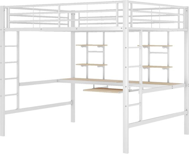 okwish Hochbett für Kinder in Weiß mit Schreibtisch und zwei Bücherregalen aus Metall und MDF, B/T/H: 140 x 200 x 180 cm - Bild 1