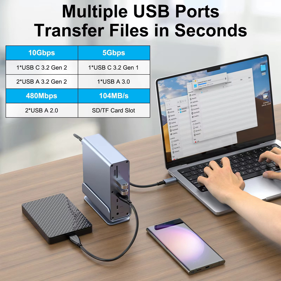 FC&EC 15 in 1 USB-C Dockingstation Hub in Grau mit 4K@60Hz HDMI, DisplayPort, USB-A, RJ45, SD/TF und Audio-Port für Macbook Pro und Laptop - Bild 5