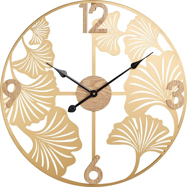 Heine Home Wanduhr in Gold mit Ginkgoblatt-Design aus Metall und Holz, Durchmesser: 60 cm - Bild 1