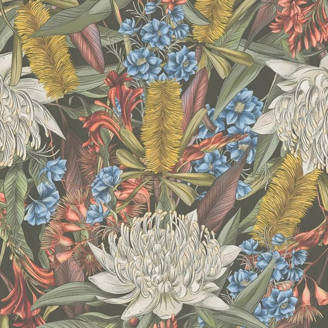 e-Delux Floral Tapete Botanisches Muster Matt Schwarz Grün Blau Rot Breite: 0,53 m, Länge: 10,05 m - Bild 1