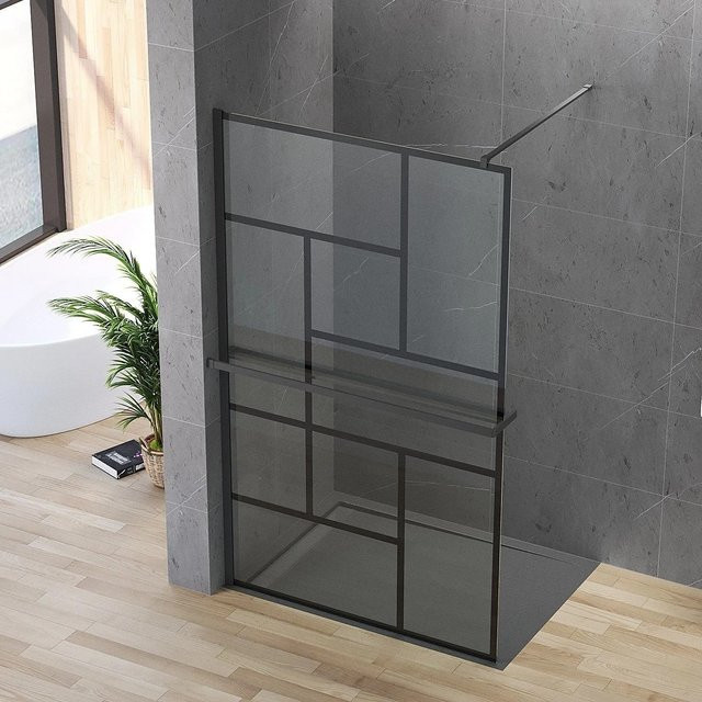 Aquabatos Walk In Duschkabine Duschwand mit Ablage und Nano Beschichtung, B: 120 cm, H: 200 cm, 8mm ESG Glas, Mattschwarz mit Quadrat-Musterdesign - Bild 1