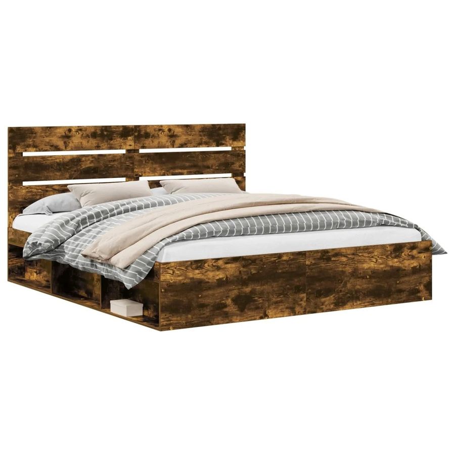 vidaXL Bettrahmen aus massivem Kiefernholz und Holzwerkstoff in Geräucherte Eiche Optik, Farbe: Braun, B/T/H: 180 x 183 x 183 cm - Bild 2