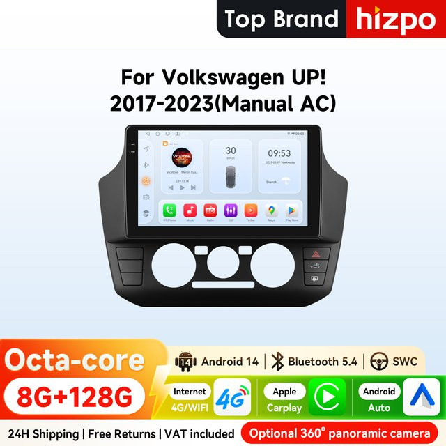 Hizpo 2Din Android Auto Autoradio für Volkswagen UP 2017 - 2023 mit 9 Zoll Display, 4G, Bluetooth, GPS, Carplay und 360 Grad Kamera, Schwarz - Bild 1