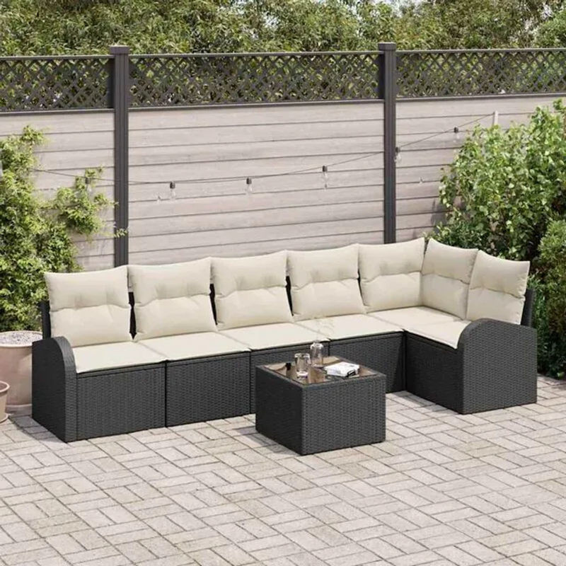 Vidaxl Garten-Sofa-Set aus Polyrattan mit 7 Kissen in Schwarz, modernes Loungemöbel-Set - Bild 1