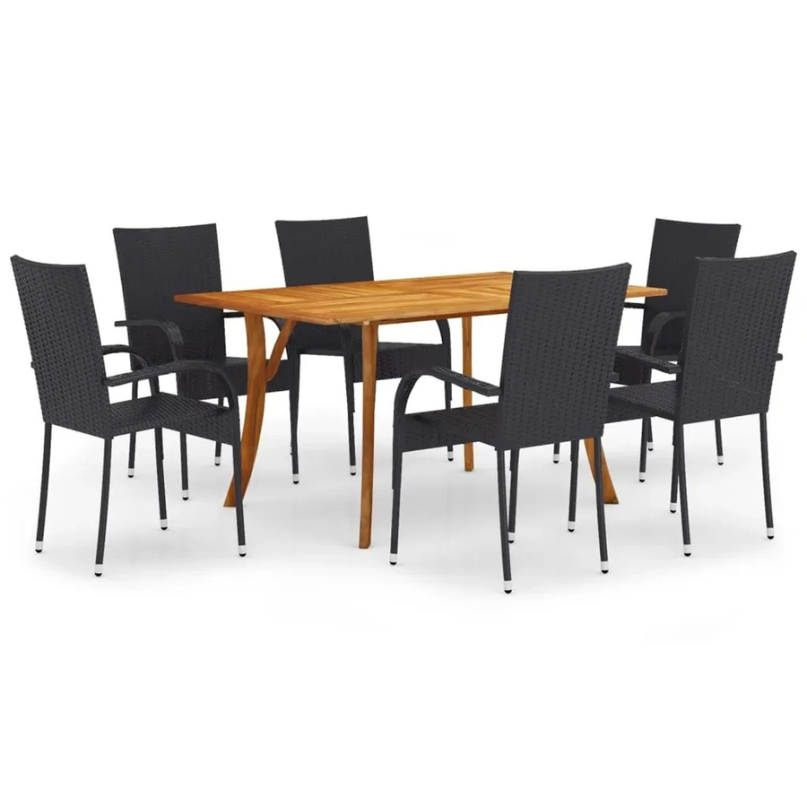 vidaXL 7-teilige Garten-Essgruppe aus Akazien-Massivholz und PE-Rattan in Schwarz - Bild 2