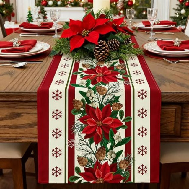 VIKAMA Weihnachts-Tischläufer aus Leinen in Rot mit floralem Design, B/T: 90 x 33 cm - Bild 1