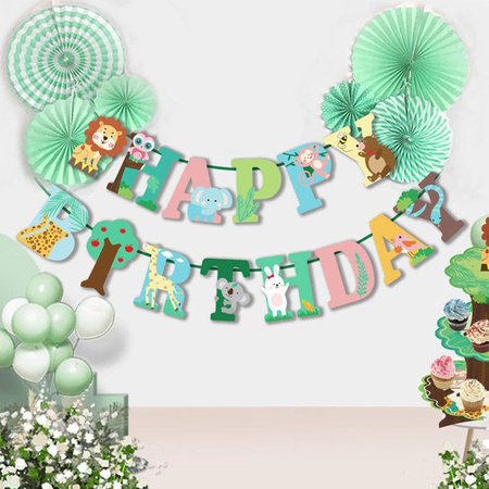 Alles Gute zum Geburtstag Banner mit Waldtier-Motiven wie Löwe und Dinosaurier als hängende Buchstaben-Girlande aus Papier für Kindergeburtstage, mehrfarbig