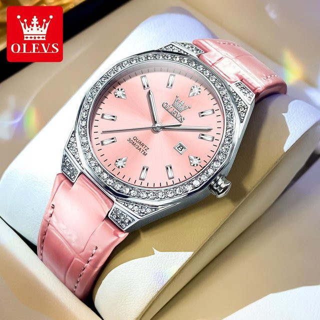 OLEVS Armbanduhr Quarz, Edelstahl, Leder, rosa, Diamantbesetzt, Damen - Bild 1