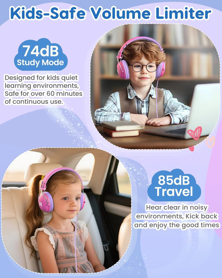 Awatrue Kinderkopfhörer On-Ear Stereo-Headset mit sicherer Lautstärkeregelung 74/85 dB und 3,5 mm Klinkenanschluss in Pink oder Purple - Bild 2