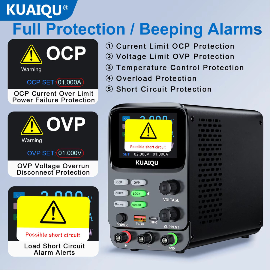 KUAIQU Programmierbare DC-Bench-Stromversorgung mit 4 Speichern, 5-Bit-Hochpräzisionsanzeige, μA-Strommessung, Low Ripple und OCP/OVP-Schutz, Schwarz, 30V - Bild 3