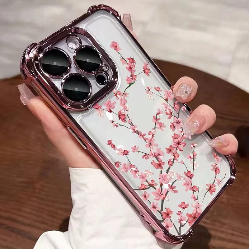 Transparente Handyhülle mit Pflaumenblüten-Design für Apple iPhone 17 bis iPhone 11 Pro Max Plus, silberfarben, weiche Anti-Fall Schutzhülle mit galvanisiertem Airbag - Bild 1