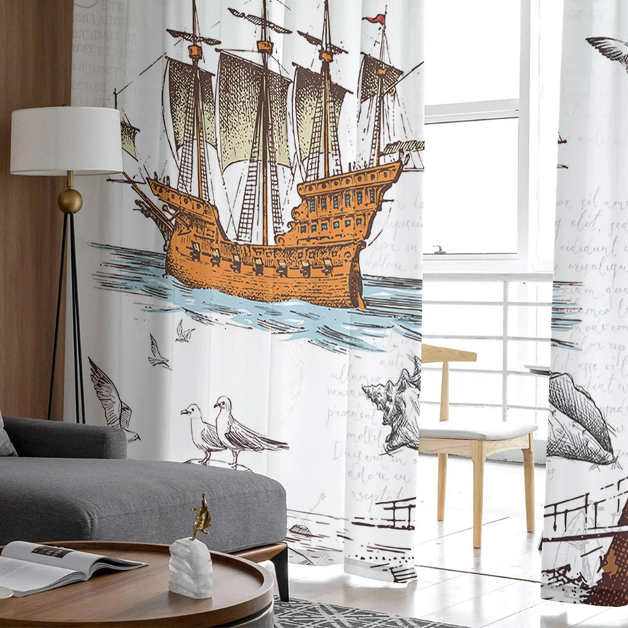 Transparente Voile Tüll Gardine mit Retro Leuchtturm und Segeln im Nautical Design, Breite: 135 cm, Höhe: 114 cm - Bild 2