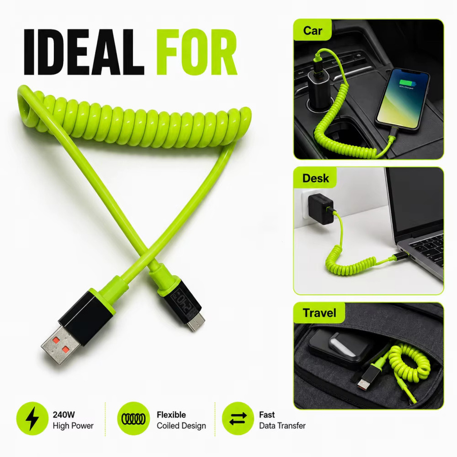 240W Hochleistungs-Typ-C-Ladekabel in Grün, einziehbares USB-auf-Typ-C-Spiralkabel für schnelles Laden von iPhone, Samsung, Xiaomi und Huawei - Bild 2