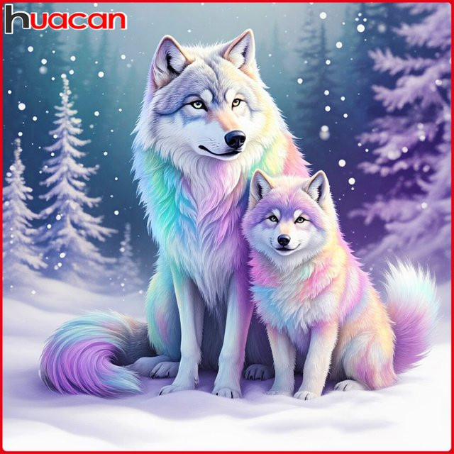 Huacan Volldiamantgemälde Wolf Winter Tierlandschaft Mosaik Bastelset mit runden Steinen in Multicolour, B/T/H: 20 x 20 x 20 cm - Bild 1
