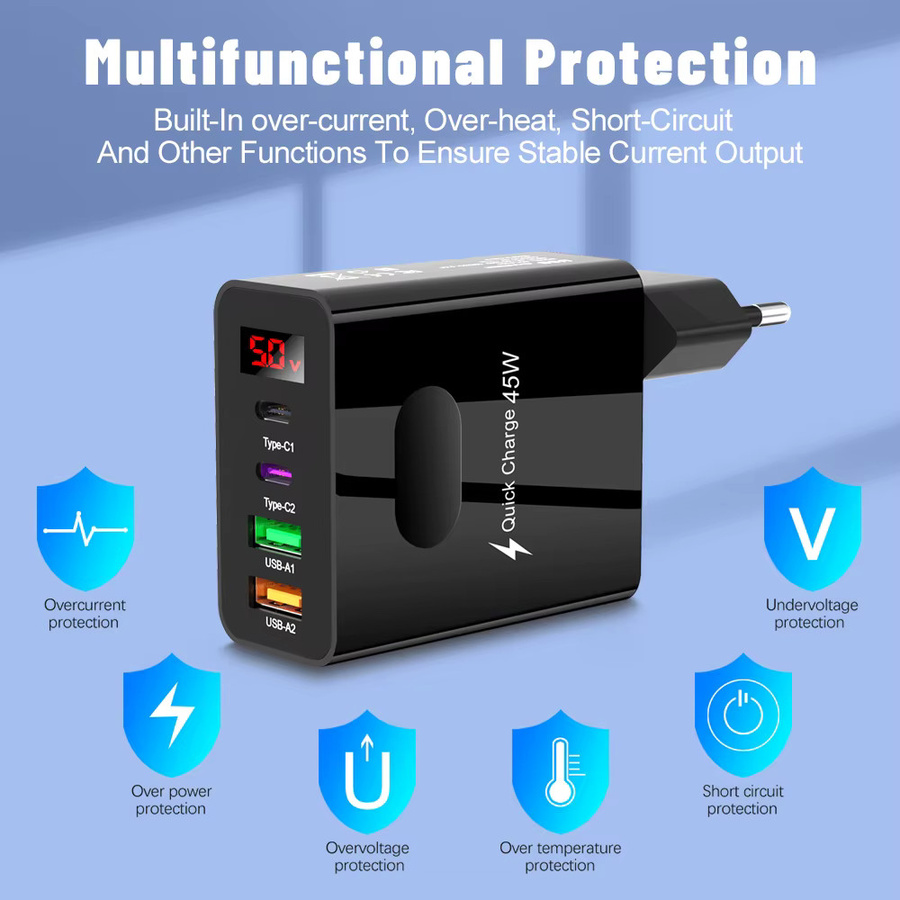 GUSEYEE 4-Port USB Typ C Ladegerät mit Digital Display, Quick Charge 3.0 und PD für Xiaomi, iPhone und Samsung, Schwarz - Bild 5