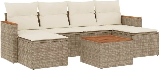 vidaXL 7-teilige Garten-Sofagarnitur aus Poly-Rattan und Akazienholz in Beige und Cremeweiß mit Kissen - Bild 1