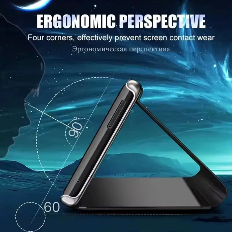 Apple Smart Mirror Flip Handyhülle mit Lederbeschichtung und Ständer für iPhone 17 Air 16 15 14 13 12 11 Pro Max Plus in Schwarz - Bild 2