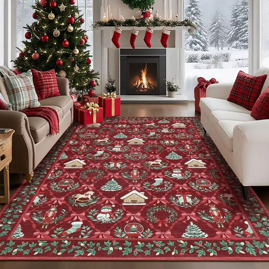 VIKAMA Weihnachtsroter Feiertagsteppich, rutschfest und schmutzabweisend, rot - Bild 3