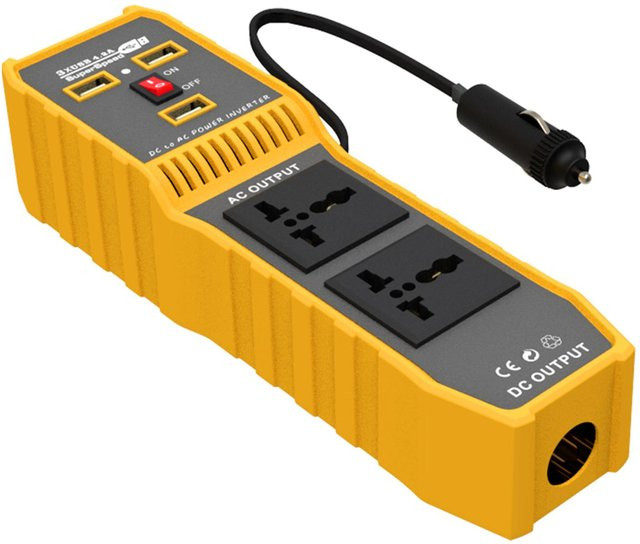 TOMTOP JMS Auto-Wechselrichter mit Hochfrequenz-modifiziertem Sinus, 110V Wechselstrom-Konverter mit 3 USB-Anschlüssen, Gelb - Bild 1