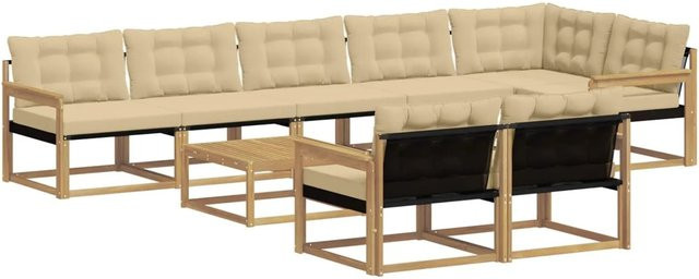 vidaXL Outdoor-Sofagarnitur aus Akazienholz in L-Form mit Textilene-Bezug und Polstern, 9-teiliges Set, Weiß und Beige, B/T/H: 79 x 79 x 37 cm - Bild 1