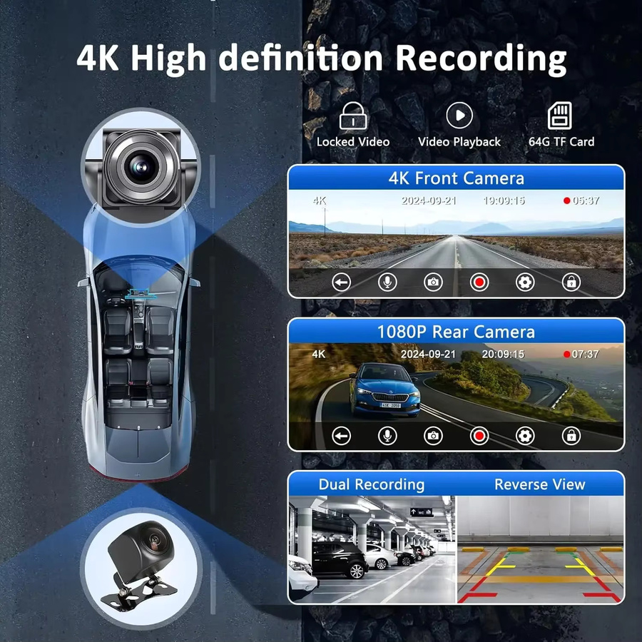 Srnubi 4K Dash Cam mit 10,26 Zoll Display, Wireless CarPlay und Android Auto, GPS Navigation, Nachtsicht, Bluetooth, AUX, Schwarz - Bild 4