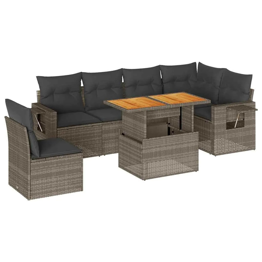 vidaXL 7-teilige Garten-Sofagarnitur aus Poly-Rattan und Akazienholz in Grau mit Kissen - Bild 2