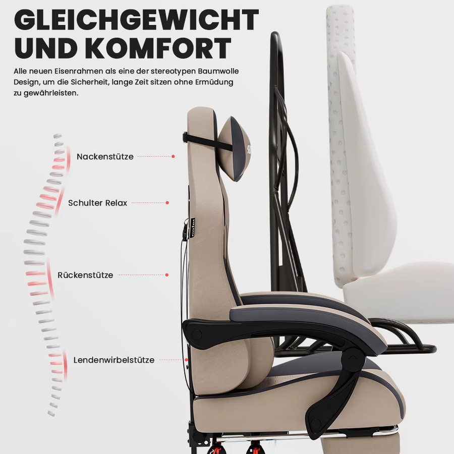 SUKIDA Ergonomischer Gaming-Stuhl mit Kopfstütze und Armlehnen, drehbar und verstellbar, Schwarz-Weiß-Beige Matt - Bild 4