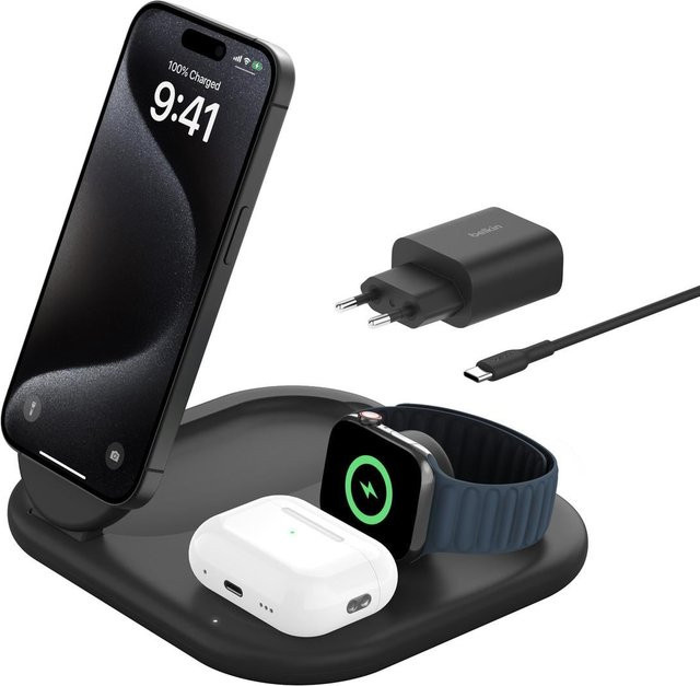 Belkin BoostCharge 3-in-1 Kabelloses Ladegerät mit Qi2, magnetisch und faltbar, Schwarz - Bild 1