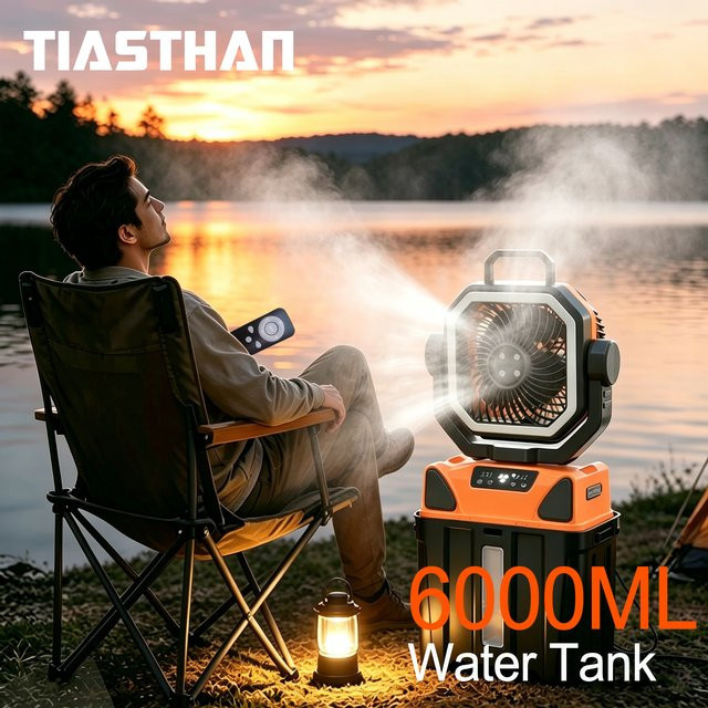 TIASTHAN Outdoor-Campingventilator mit 30000 mAh Akku, 6-Liter-Wassertank, Fernbedienung und Beleuchtung, tragbarer elektrischer Ventilator mit 4 Geschwindigkeitsstufen - Bild 1
