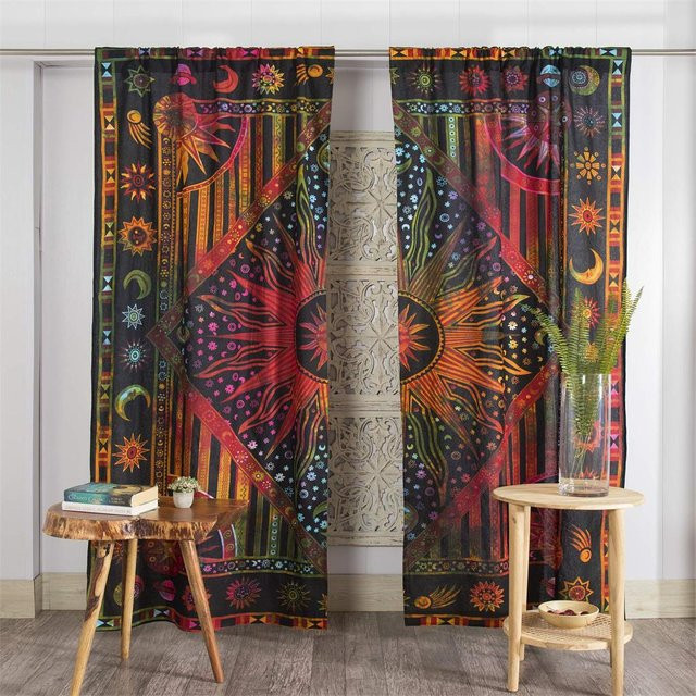 Indische Fenstergardinen im Mandala Hippie Stil mit Brennender Sonne, 2er-Set halbtransparente Boho Vorhänge aus Polyester, Multicolour, B: 100 cm, H: 130 cm - Bild 1