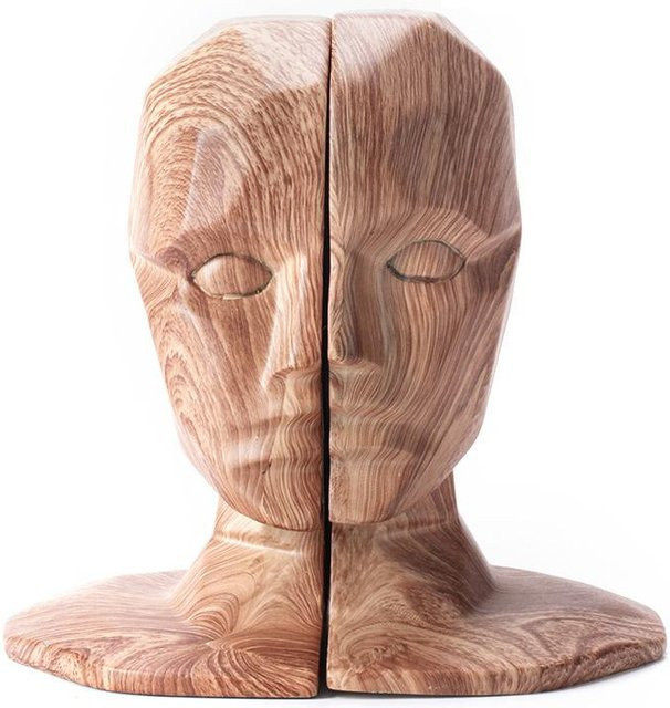 Nordische Buchstütze mit Menschenkopf-Skulptur in Holzoptik, Farbe Braun, B/T/H: 22,0 x 15,0 x 15,0 cm - Bild 1