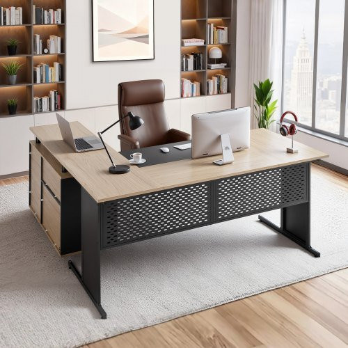 VEVOR Eckschreibtisch L-Form Modern in Braun mit Schubladenelement und Stauraum aus Holz und Metall - Bild 1