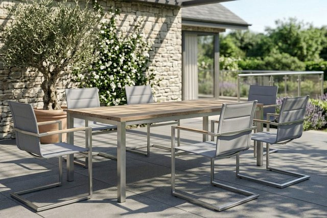 OUTFLEXX Garten-Essgruppe aus Edelstahl und recyceltem Teak in Silber mit Tisch und 6 gepolsterten Freischwingern, Tisch Breite: 180 cm, Tiefe: 90 cm - Bild 1