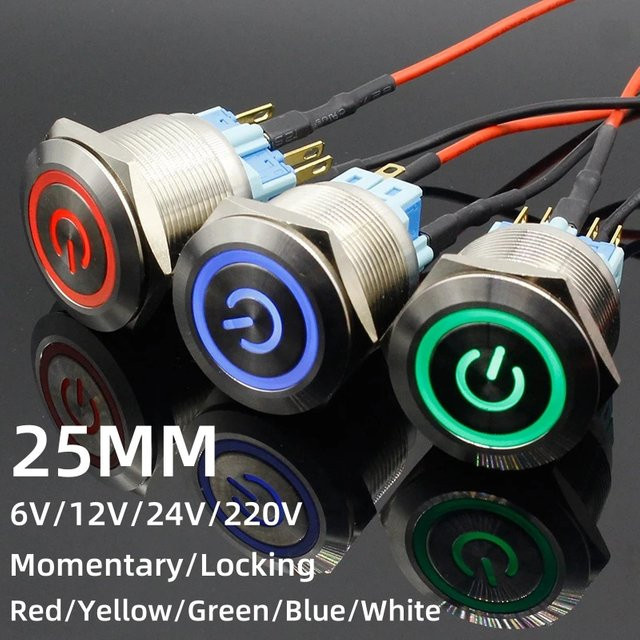 ELECAPITAL LED Push Button Schalter aus Edelstahl mit 6-Pin und 25mm Durchmesser für Auto und Motor Start - Bild 1
