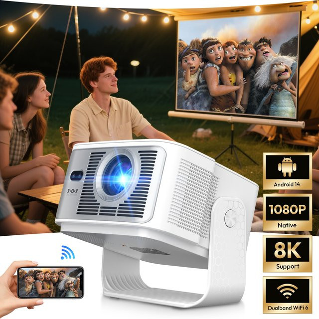 XGODY Smart Projektor mit Android 14.0, 900 ANSI, 8K/4K Unterstützung, Autofokus, Wifi6 und Bluetooth 5.4 in Weiß - Bild 1