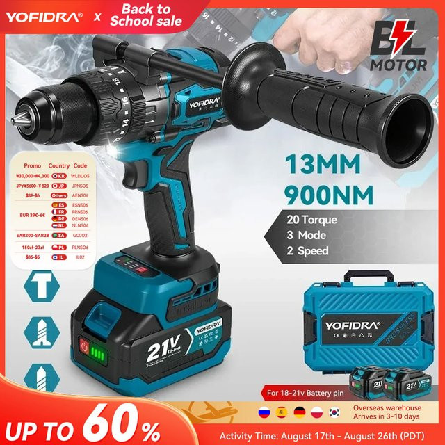 YOFIDRA Bürstenlose elektrische Schlagbohrmaschine und Akkuschrauber in Blau, kompatibel mit Makita 18V LXT Akkus, 900N.M Drehmoment, 3200 RPM, 13mm Bohrfutter - Bild 1