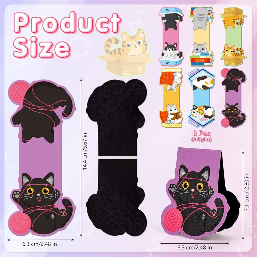 TWBEB Katzen-Magnet-Lesezeichen im Set, bunte Cartoon-Tier-Buchmarker aus Kunststoff für Leser, 6 Stück, multicolour - Bild 2