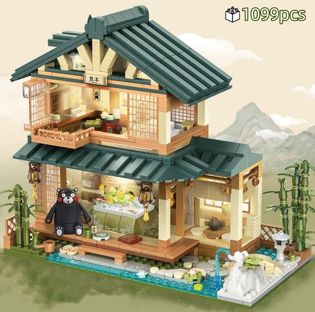 FUNXINEE Japanische Hütten-Bausteine Bären-Holzhaus-Modell, 1099 Teile, mit Licht - Bild 1