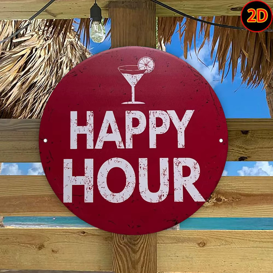 CIFBUY Rundes Aluminiumschild Happy Hour Hahn-Cocktailglas in Rot für die Bar Dekoration, Durchmesser: 20 cm - Bild 4