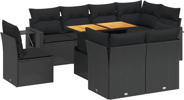 vidaXL 9-teilige Garten-Sofagarnitur in L-Form aus schwarzem Poly-Rattan mit Kissen und Akazienholz - Bild 1